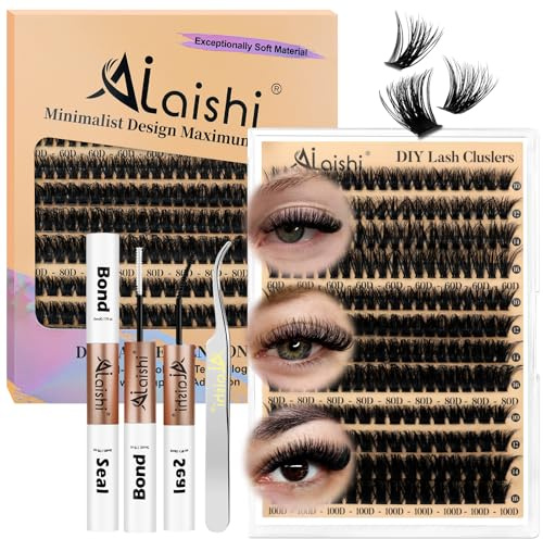 AILAISHI Lash Clusters Kit, DIY Cluster Eyelash Extensions 9‑16mm, 60D+80D+100D, 224pcs Fluffy D Curl Natural Lashes with Bond & Seal,Tweezers,Brush,Fake Cat Eye Individual Clusters