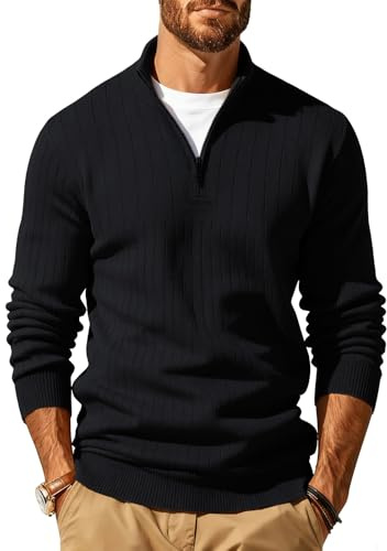 JFAN Hombre Jersey de Punto Cuello Alto con Cremallera Pullover Manga Larga Sueter Cuello Alto Plain Knitted Cálido Invierno Negro L