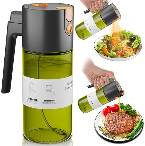 LUKUMIQI 2 in 1 Oil Sprayer for Cooking, 17oz Light-Blocking Glass Spray Bottle with Stickers, Oil Dispenser for Salad, Air Fryer & BBQ