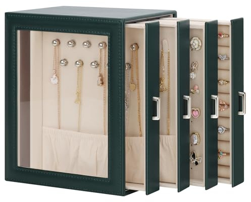 DesignSter Jewellery Box Organiser, Jewellery Box for Women, PU Jewellery Organiser Display Case with 4 Side Drawers, Jewellery Storage for Earring Necklace Ring Bracelet Watch, Dark green