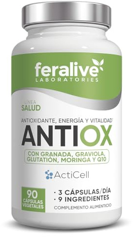 Feralive Laboratories Antiox 90 Cápsulas – ActiCell con Granada, Graviola, L-Glutatión – Extractos de Cúrcuma, Moringa, Chaga con Q10 y Zinc – Suplemento para Protección Celular, Energía y Vitalidad