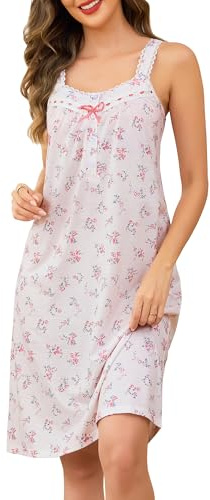 Vlazom Women's Nighties Sleeveless Lace Trim Nightdress Soft Elegant Ladies Sleep Shirt Lounge Dress with Buttons S-XXL