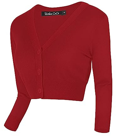 Urban GoCo Mujeres Chaqueta Corta Punto de Manga 3/4 Rebecas Escote en V Bolero Cárdigan (M, Rojo)