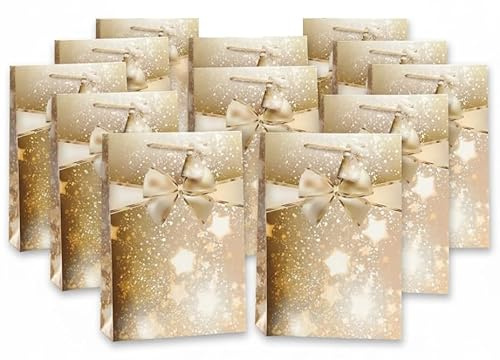 Bambelaa!- 12 bolsas de papel con motivos navideños, con lazos y estrellas, para regalos, 157 g, papel brillante (aprox.- 25 x 8,5 x 34 cm