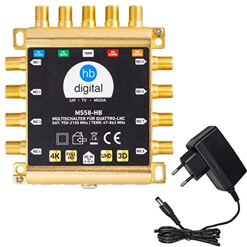 HB-DIGITAL DVB-S/S2 Interrupteur multiple 5/8 | Répartiteur multiple pour 1 SAT8 participants/récepteur satellite avec bloc d'alimentation externe | faible consommation | MS58-HB | HDTV FullHD 4K UHD