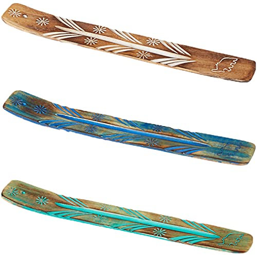 3er Set Räucherstäbchenhalter aus Mango Holz Ashot 26cm lang Bunt | Räucherstäbchen Halter asiatisch handgefertigt | Halterung für Raeucherstaebchen als Raucher Zubehör & Asiatische Deko