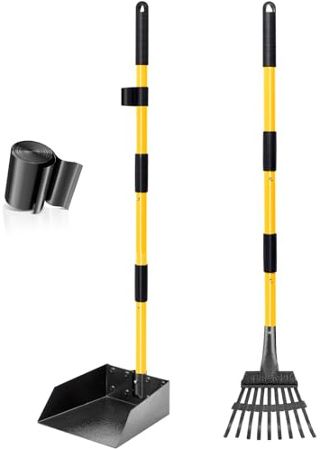 Dog Pooper Scooper Tray & Rake Kit, Heavy Duty Dog Poop Scooper with Adjustable Metal Long Handle, Portable Large Dog Poop Picker Upper with 10 Waste Bag for Yard, Grass & Leaves (Yellow, Tray & Rake)