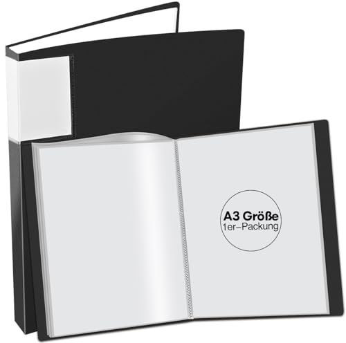 JIKIOU – Classeur A3 avec pochettes en plastique transparent, classeur porte-vues de 40 pochettes pour portfolio artistique avec 80 vues, livre de rangement pour peinture, noir