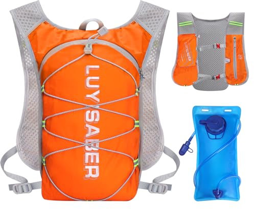 Outplea Hydration Backpack with 2L Water Bladder, Comfortable Mesh Running Vest for Women & Men, Ultralight Multipocket Running Hydration Vest for Hiking Cycling Climbing, Orange