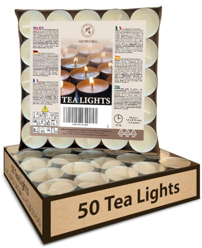 Velas de Té pack 50 - Vela de Cera de Parafina - sin Perfume - Velas Decorativas para el Hogar - para Hotel - SPA - Relax - Idea para Cumpleaños - Boda - Fiesta