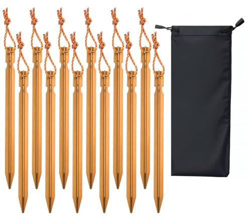 Keovoker 12 Pack Tent Stakes, 7-inch Ultralight Aluminum Ground Pegs with Reflective Pull Ropes, Tri-Beam Stake in a Carrying Bag, for Camping, Backpacking, Hiking, Hammocks and Canopy (Orange)
