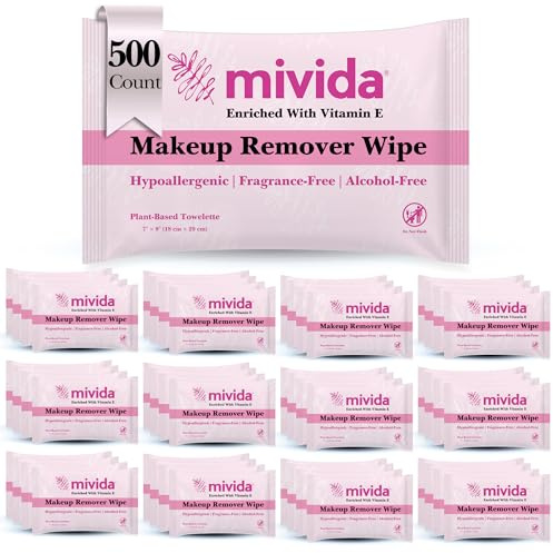 mivida 500 Count Bulk Individually Wrapped Makeup Remover Wipes with Vitamin E | Hypoallergenic, Fragrance-Free, Alcohol-Free makeup wipes | Bulk single make up removing wipes