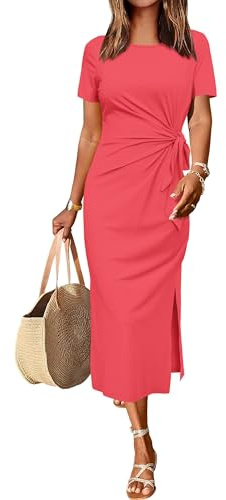 Newshows Vestidos de Verano para Mujer Vestido Maxi Casual Camiseta Vestido de Verano con Abertura Naranja Rojo,XL