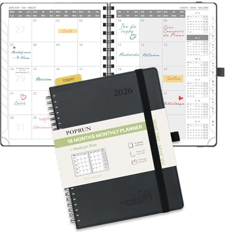 POPRUN Agenda Månadskalender 2025 2026, Juli'25 - Dec'26, 18 Månader 22 x 16,5 cm, 2 Sidor per Månad, Skolkalender, Mjuk Spiralbindning, Linjal, Papper 100 gsm, Svart