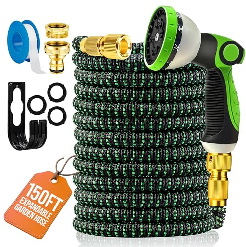 MOSII Tuyau d'arrosage extensible de 45,5 m, flexible et robuste avec buse de pulvérisation à 10 motifs, raccords en laiton, tuyaux d'arrosage pour lavage de voiture de jardin (vert, 45,5 m)