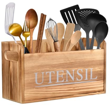 FOCCTS Kitchen Utensil Holder Cooking Utensil Organizer with 3 Compartment and Drainage Bottom, Rustic Large Wooden Cooking Tools Storage Cutlery Caddy, Farmhouse Wooden Utensil Holder