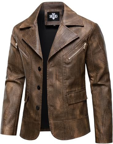 HOOD CREW Mens Casual Leather Blazer Vintage Lightweight Coat Button Closure Style Faux Leather Jackets for Men Brown M