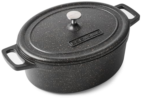 ESEVOLO Cocotte Fonte Induction 31cm 6,3L Ovale Faitout en Fonte d’Aluminium avec Revêtement Antiadhésif, Marmite avec Couvercle, Idéale pour les Grandes Familles, Four et Gaz, Noir
