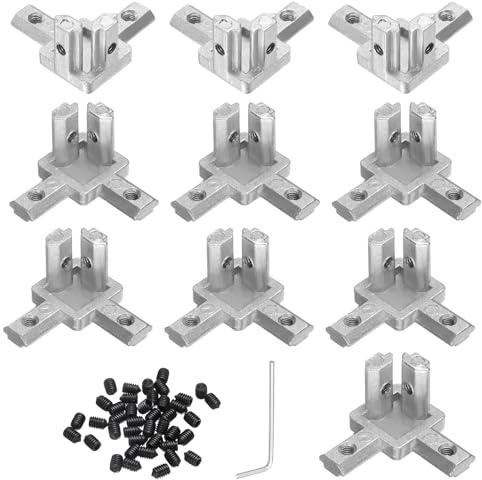 sourcing map 12Pcs 3-Way End Corner Brackets, Zinc Alloy Interior Corner Connectors with M4 Screws and Wrench for 2020 Series Aluminum Extrusion Profile, Silver Tone
