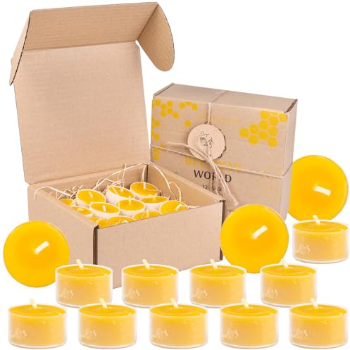 BeesWax World 100% bivaxljus – bivaxvärmeljus med bomullsvekar – 4 timmars brinntid – 10–50 delars ljusset – bivaxljus med återvunnen plast (32, genomskinlig)