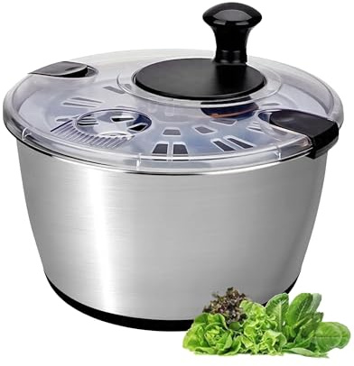 SveBake Stainless Steel Salad Spinner, 6.34Qt Large Lettuce Dryer, BPA-Free Vegetable & Fruit Washer with Drain, Easy Clean, Non-Slip Base, Transparent Lid