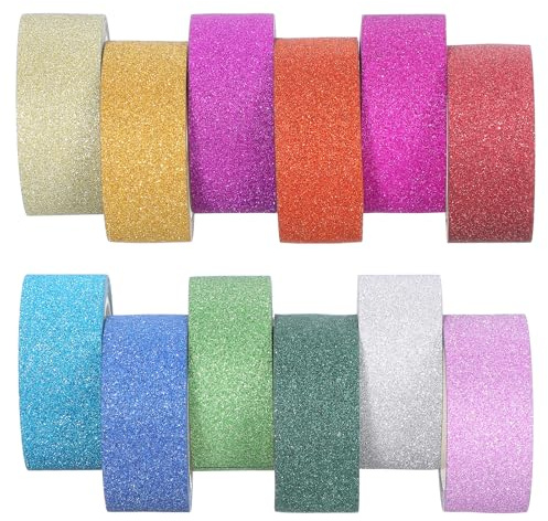 DOPENSPI 12 Rolls Colorful Glitter Washi Tape Set, 1.5cm x 5m Sparkling Metallic Decorative Tape for DIY Crafts Journal Scrapbooking Gift Wrapping Planners Art Projects