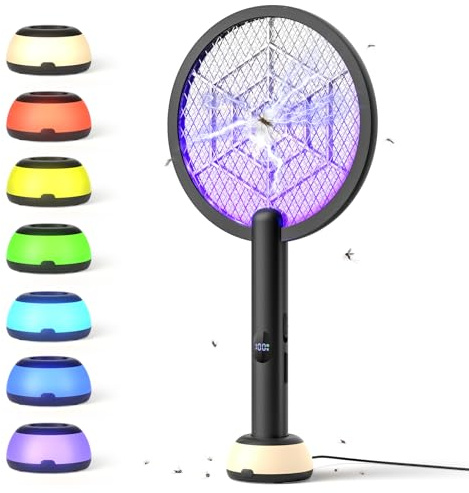 YISSVIC Electric Fly Swatter Mosquito Zapper Racket, Flying Insect Killer 1800mAh Rechargeable USB-C with Auto & Manual Mode, Night Light for Indoor Outdoor Use, Black