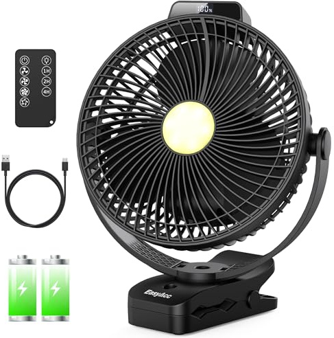 EasyAcc 20 000 mAh campingfläkt, upp till 43 timmar med LED-ljus, fjärrkontroll, timer, 720° och 4 hastigheter, powerbank-funktion campingfläktar, starkt luftflöde, robust klämma för camping, husvagn