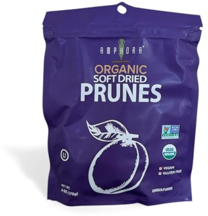 Amphora All Natural Organic Soft Dried Plums gluten free vegan kosher healthy snack prunes dried fruit, 6 Oz Each (Pack of 3)