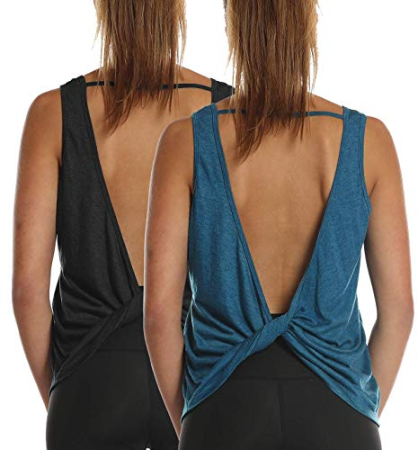 icyzone Damen Sport Tank Top Rückenfrei, Fitness Yoga Shirt Ärmellose Gym Sport Oberteil, 2er Pack (S, Black*/Denim*)