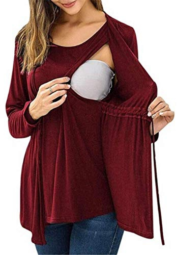 AIMEITE Women Maternity Nursing Breastfeeding Long Sleeve Tops Crew Neck T-Shirt Blouse Pregnant 2 in 1 (UK 10, Red)