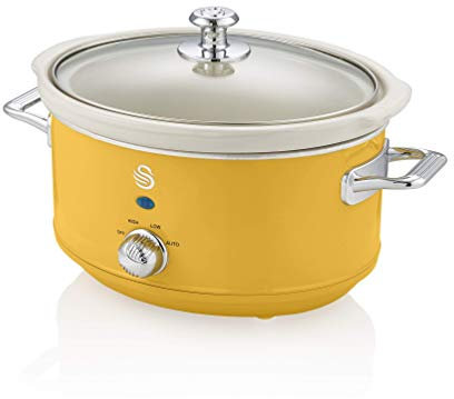 Swan Retro SF17021YELN Olla Cocción Lenta 3,5L Recipiente Extraíble, Antiadherente Cerámica libre PFOA y PTFE, 3 Niveles Temperatura, Tapa Vidrio, Slow Cooker, Diseño Vintage, Amarillo, 200W