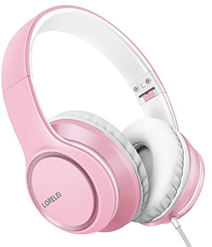LORELEI X8 Over-Ear-Kopfhörer mit Mikrofon mit 1,45 m verwicklungsfreier Nylonschnur und 3,5-mm-Stecker, leicht, faltbar und tragbar, für Smartphone, Tablet, Computer, MP3/4, Rosa (Pearl Pink)