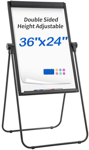 DexBoard U Stand White Board Easel, 36x24 Double Sided Magnetic Dry Erase Board with Flipchart Paper Pad Height Adjustable Whiteboard with Sturdy Aluminum Frame for Home Office Classroom, Black