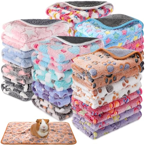 Newwiee 20 Pcs Waterproof Small Pet Fleece Blanket Bulk Washable Small Animal Cage Bedding Guinea Pig Puppy Dog Cat Pee Pad Liner Accessories(Assorted,12 x 12 Inch)