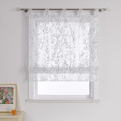 Joyswahl Tenda a pacchetto moderna con passanti, tende da salotto, tende per finestre, tende trasparenti con effetto lino, colore bianco, con nastrino, 60 x 140 cm (larghezza x altezza), argento, 1