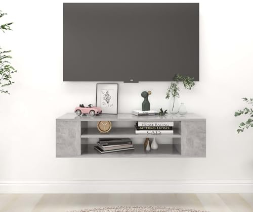Gecheer Flytande TV-bord/TV-bord/vardagsrum/TV-skåp upphängt flytande TV-bord med sidofack spånskiva grå betong 100 x 30 x 26,5 cm