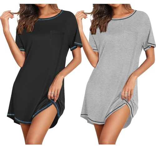 Ekouaer Nightgowns for Women 2 Pack Night Gowns Short Sleeve Sleepshirts Pullover Nightshirts Soft Sleepwear Black/Light Grey XX-Large