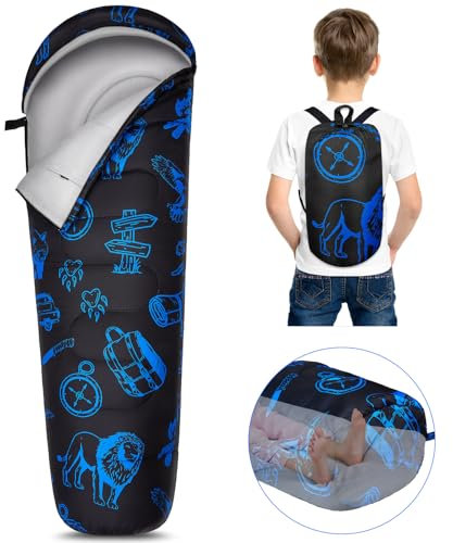 FIOBEE Saco de Dormir para niños y niñas de 3 Estaciones, Clima cálido y Fresco, 5.0 °C a 16.0 °C, Saco de Dormir para Acampar con Bolsa de mochilero para Viajes, Senderismo, Interior y Exterior,