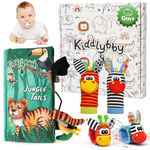 Kiddlybby – Cofanetto Sensoriale Neonato 0-12 Mesi con Libro attività in Stoffa e Sonagli – Giocattolo Educativo Montessori per Bambino o Bambina – Regalo Baby Shower