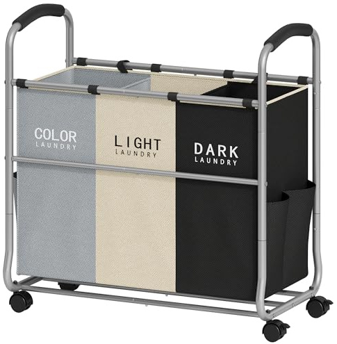 Tajsoon Wäschesortierer mit 3 Abschnitten, Wäschesortierwagen mit Robusten, Feststellbaren Rädern und Abnehmbaren Taschen, Getrennter Wäschekorb zur Aufbewahrung von Kleidung, Grau + Beige + Schwarz