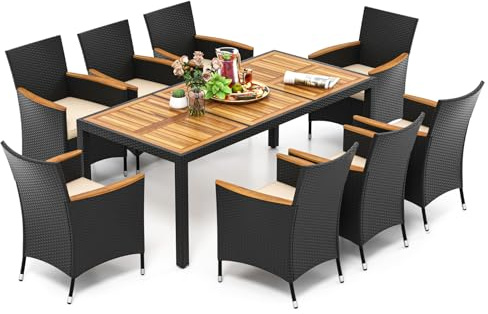 COSTWAY 9 delar. Rattan trädgårdsmöbelset, sittgrupp för 8 personer, trädgårdsbord med bordsskiva av akaciaträ, 8 stolar och kuddar, set med trädgårdsmöbler, trädgårdsdekor, matgrupp
