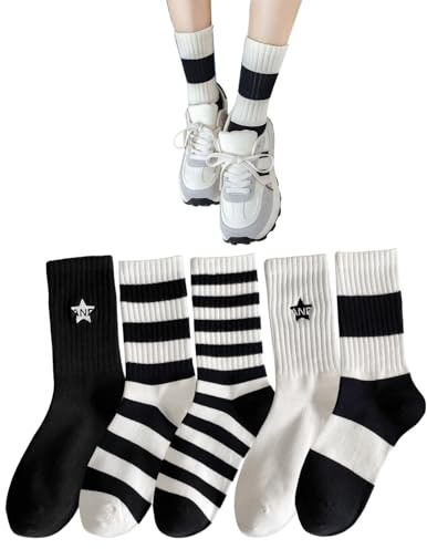 COACOM 5 Pares De Calcetines Casuales En Blanco Y Negro, Cómodos Y Transpirables, Calcetines Deportivos A Rayas Personalizados Y De Moda, Accesorios De Ropa De Moda Y Versátiles, E Interesantes.