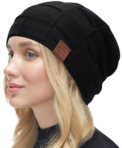 Runmeihe Gorro de Invierno de Forro Polar de Punto Holgado para Mujer Gorros de Esquí Cálidos para Damas y Gorras, Negro, Talla única