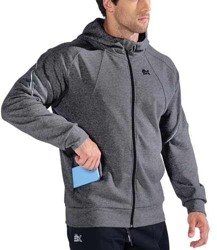 BROKIG Mens Zipup Gym Hoodies, Running Jacket Tracksuit Sports Coat Casual Hooded Sweatshirt with Pockets (Large, Dark Grey)