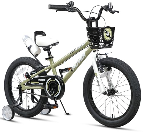 Glerc Rover Bicicleta Infantil 18 Pulgadas para Niños Niñas de 5 6 7 8 Años, Bicicletas con Botella de Agua & Ruedines & Cesta, Verde Militar