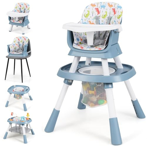 Maxmass 16 in 1 Baby Highchair, Convertible Infant Feeding Chair with Removable Tray and 5-Point Harness, Toddler Dining Chair for 6-36 Months (Blue + White)