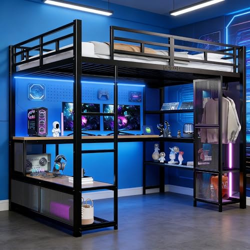 Cama alta de 140 x 200 cm con iluminación LED y puerto USB, litera de metal con armario de malla abierta, escritorio y estantes, estructura de cama para ado con espacio de almacenamiento (negro)