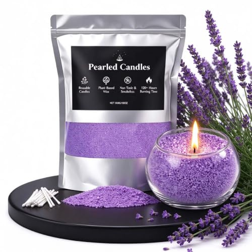LFENYIGI Pearled Candle 18oz, DIY Pearled Candle Sand with Wicks, Sand Candle with Plant-Based Granulated Wax, 30 Cotton Wicks & 1Spoon, Reusable Wax for Candle Making Decorative Candles (Purple)