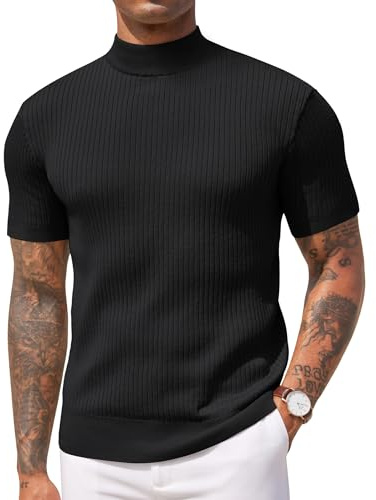 COOFANDY Men's Mock Turtleneck T Shirt Short Sleeve Stand Collar Top Ribbed Knitted Pullover Stretchy Solid Tee Black M